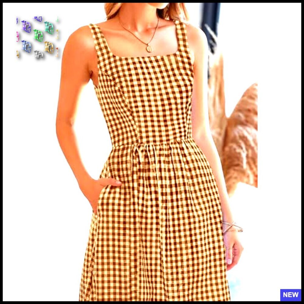 Plaid Square Neck Maxi Dress Spaghetti Strap A-Line Smocked Back Beach Vacation - Picture 5 of 7